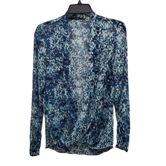 Tahari Women's Blue White Watercolor Semi Sheer Deep V-neck LS Wrap Blouse‎ Sz S - Picture 1 of 9